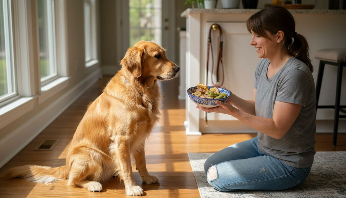 Golden retriever receives healthy treats in sunny kitchen