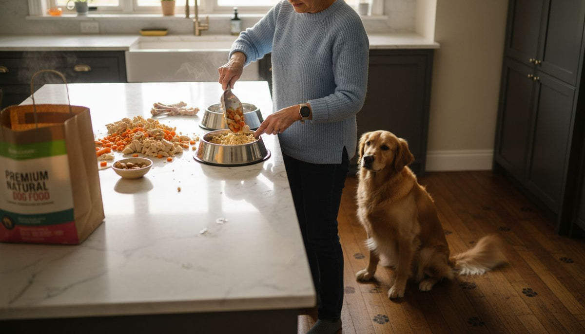 Pet food prepared with real ingredients in kitchen