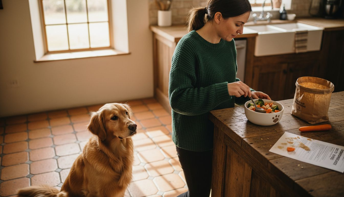 Dog and owner preparing natural homemade dog food