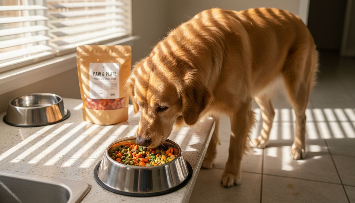 Dog eating premium freeze-dried food at kitchen