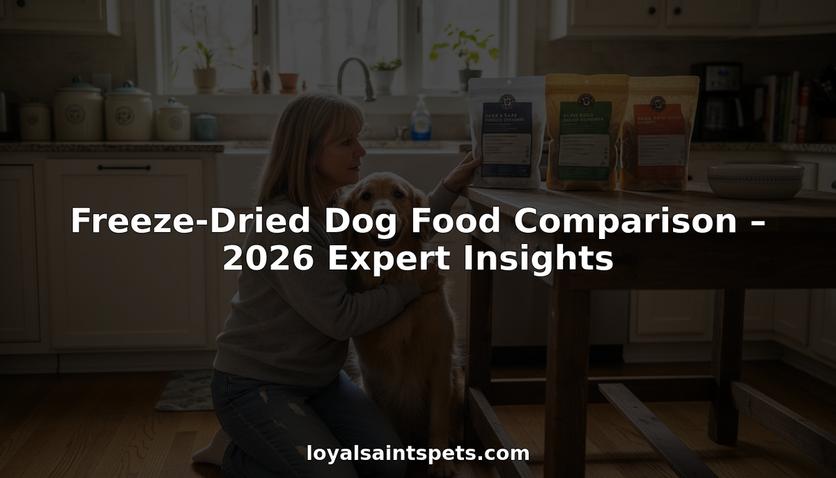 Woman comparing freeze-dried dog food options with her dog