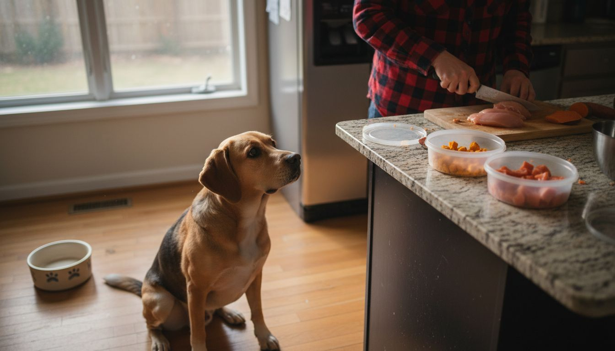 Dogs watch owner prepare whole food treats in kitchen
