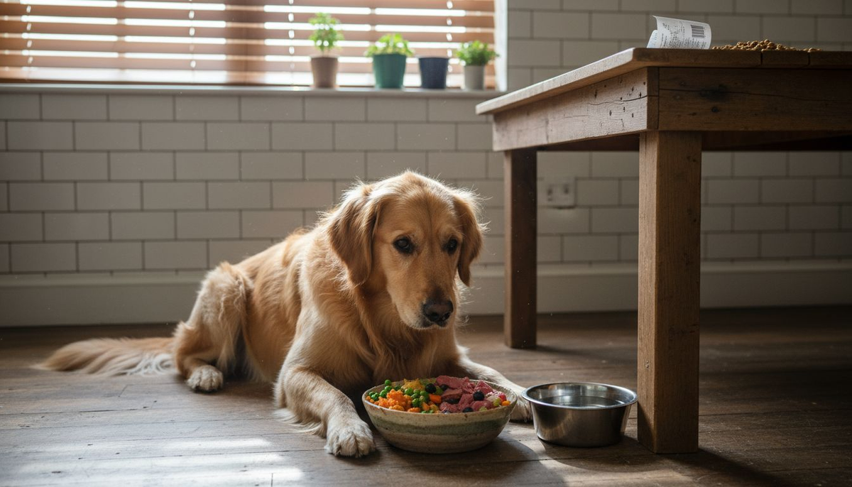 Dog eating minimally processed meal in kitchen