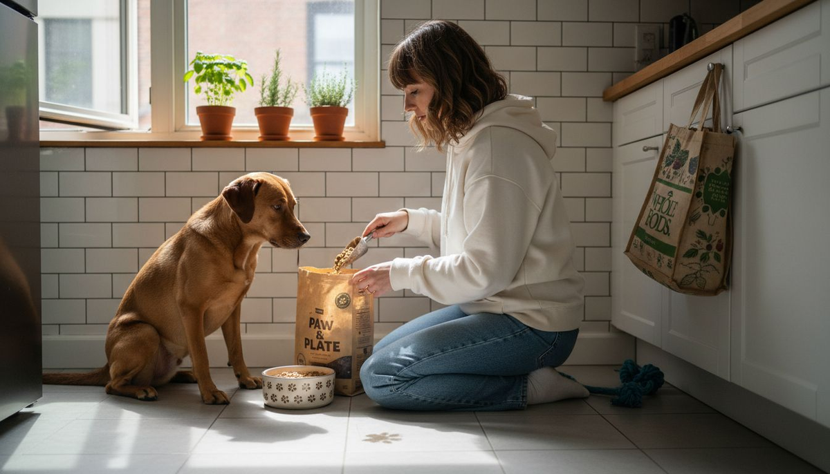 Urban pet owner preparing dog food in apartment kitchen