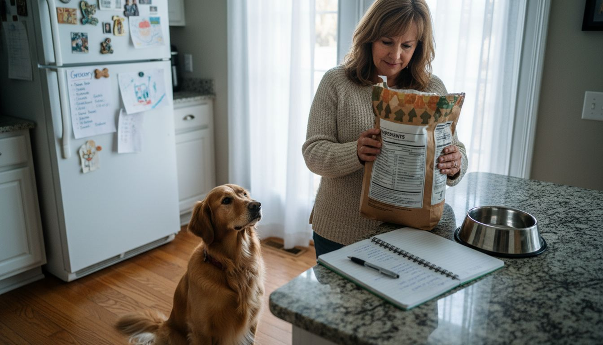 Woman checking healthy dog food label