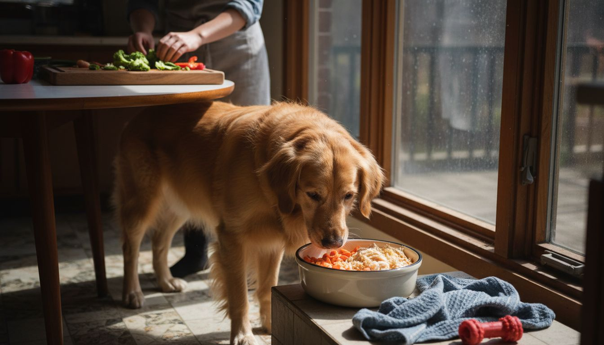 Golden retriever with whole food meal in kitchen