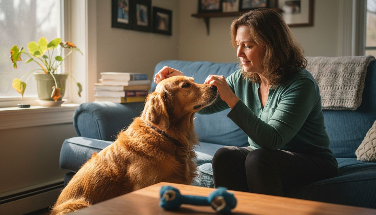 Owner checking healthy dog’s eyes and ears at home