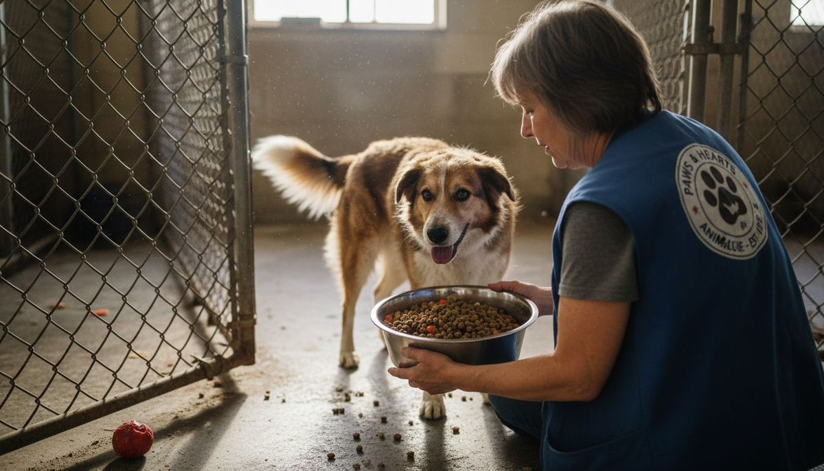 Volunteer feeding shelter dog premium food