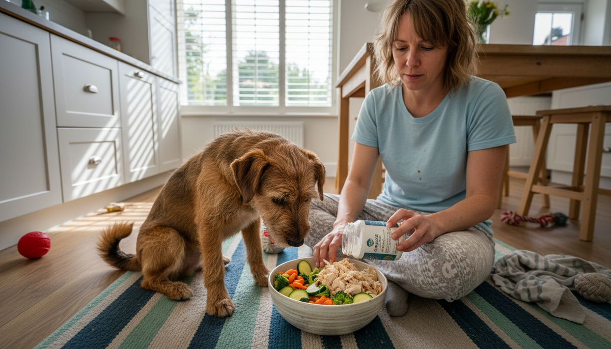 Dog and owner preparing natural dog food meal
