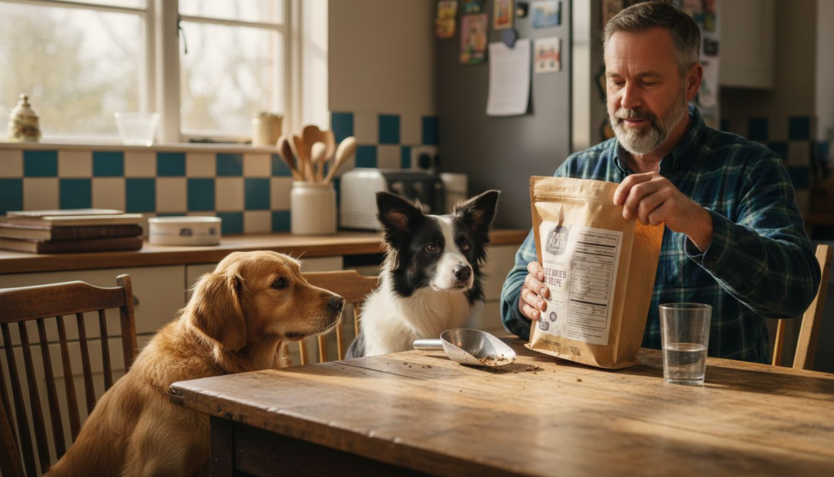 Owners and dogs reviewing freeze-dried food selection
