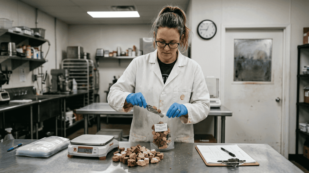 Technician freeze-drying dog food in lab kitchen