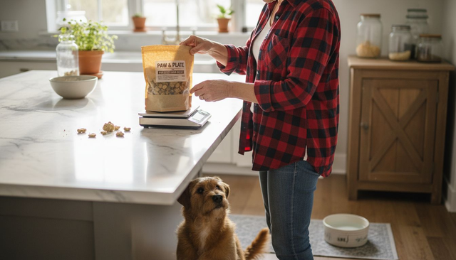 Woman preparing freeze-dried dog food