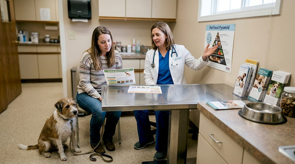 Dog owner reviewing nutrition advice with vet
