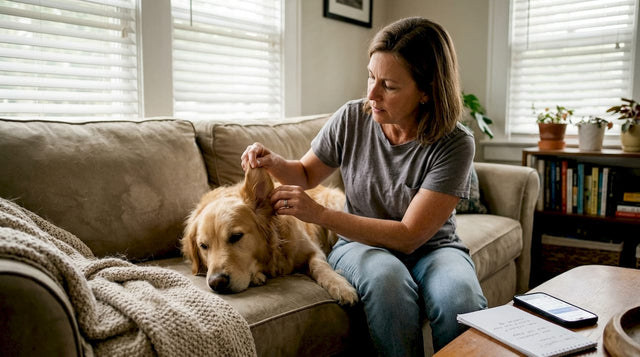 Owner checks dog’s ears for allergy signs