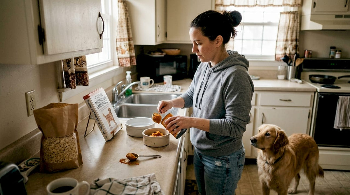 Dog owner adding pumpkin for digestive health