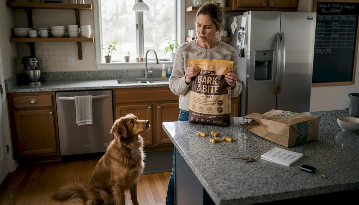 Dog owner checks dog food label in kitchen