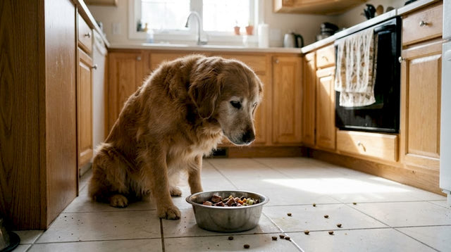 Dog eating healthy food by kitchen window
