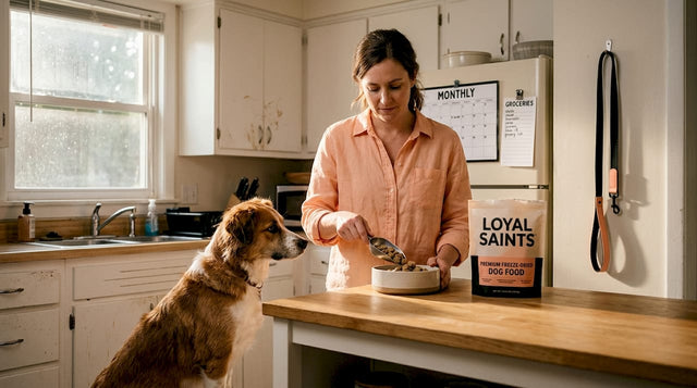 Woman preparing natural meal for shelter dog