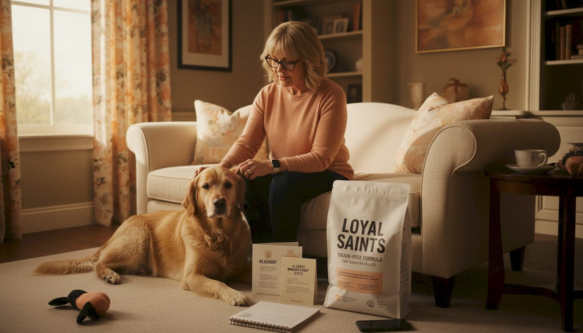 Woman caring for allergy-prone golden retriever