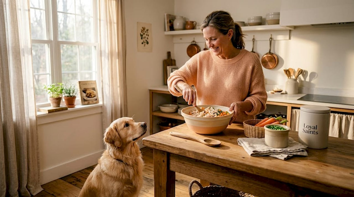 Preparing wholesome dog meal in kitchen