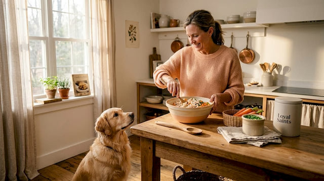 Preparing wholesome dog meal in kitchen