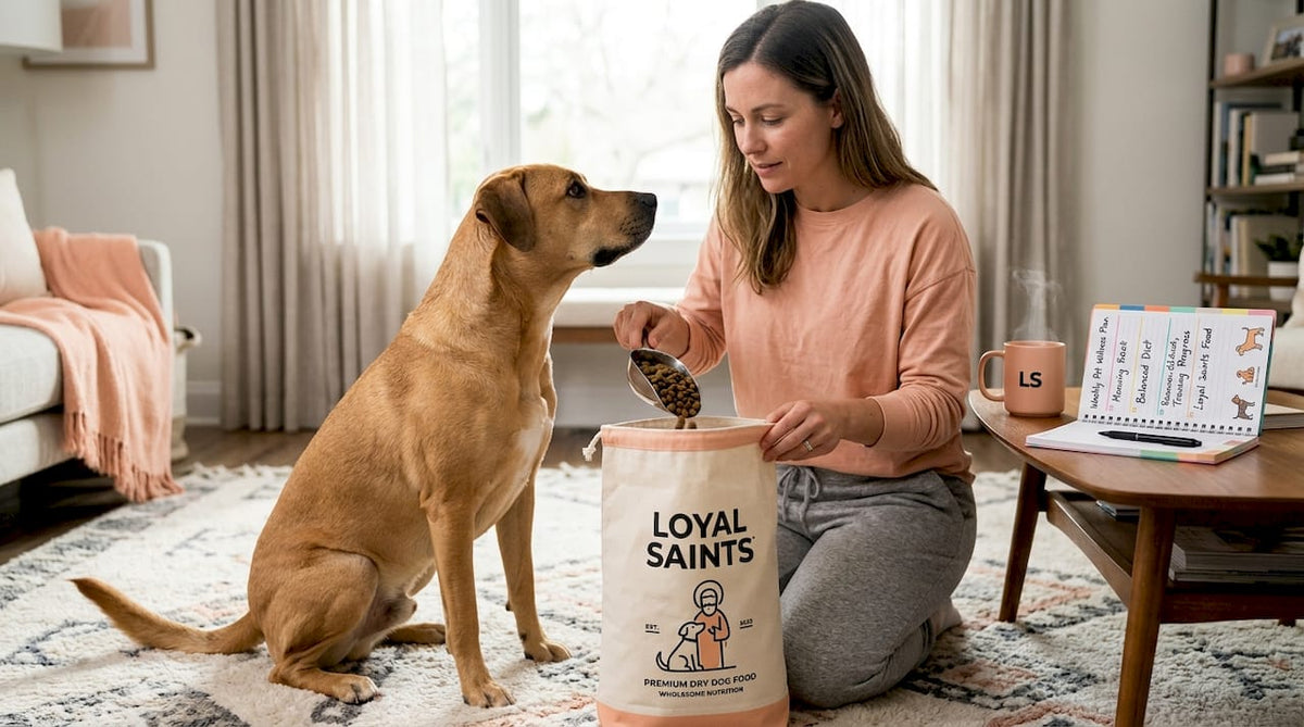 Pet owner measuring dog food in kitchen