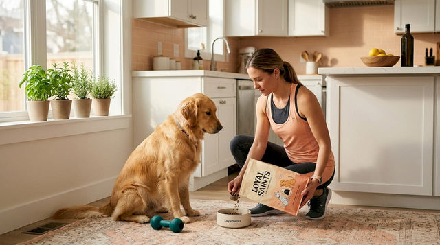 Owner measures dog food in sunny kitchen