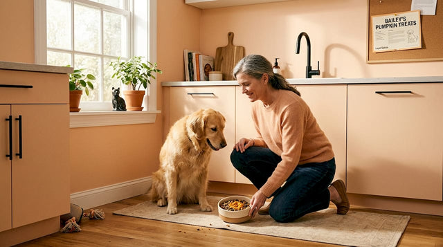 Dog fed digestive health meal in kitchen