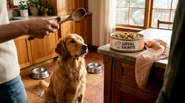 Golden retriever waiting for new food in kitchen