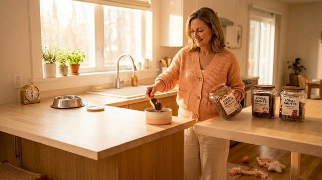 Woman preparing dog's meal in kitchen
