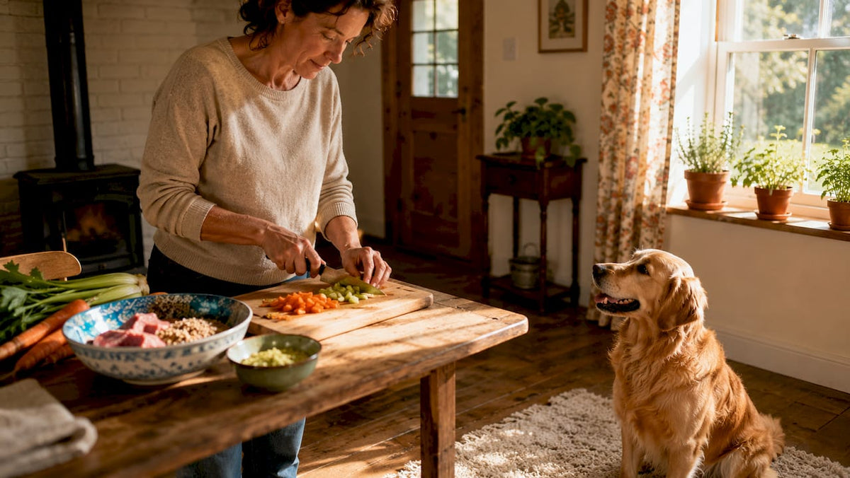 Woman preparing balanced dog meal in kitchen