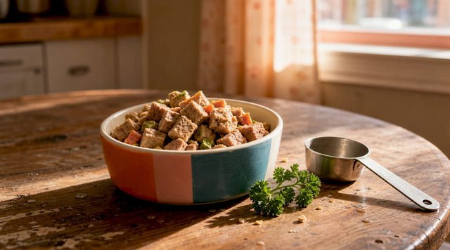 Close-up overhead of vibrant dog food bowl