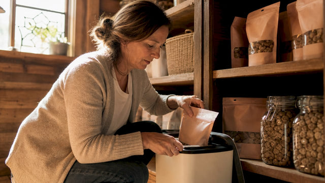 Woman organizing freeze dried dog food in pantry