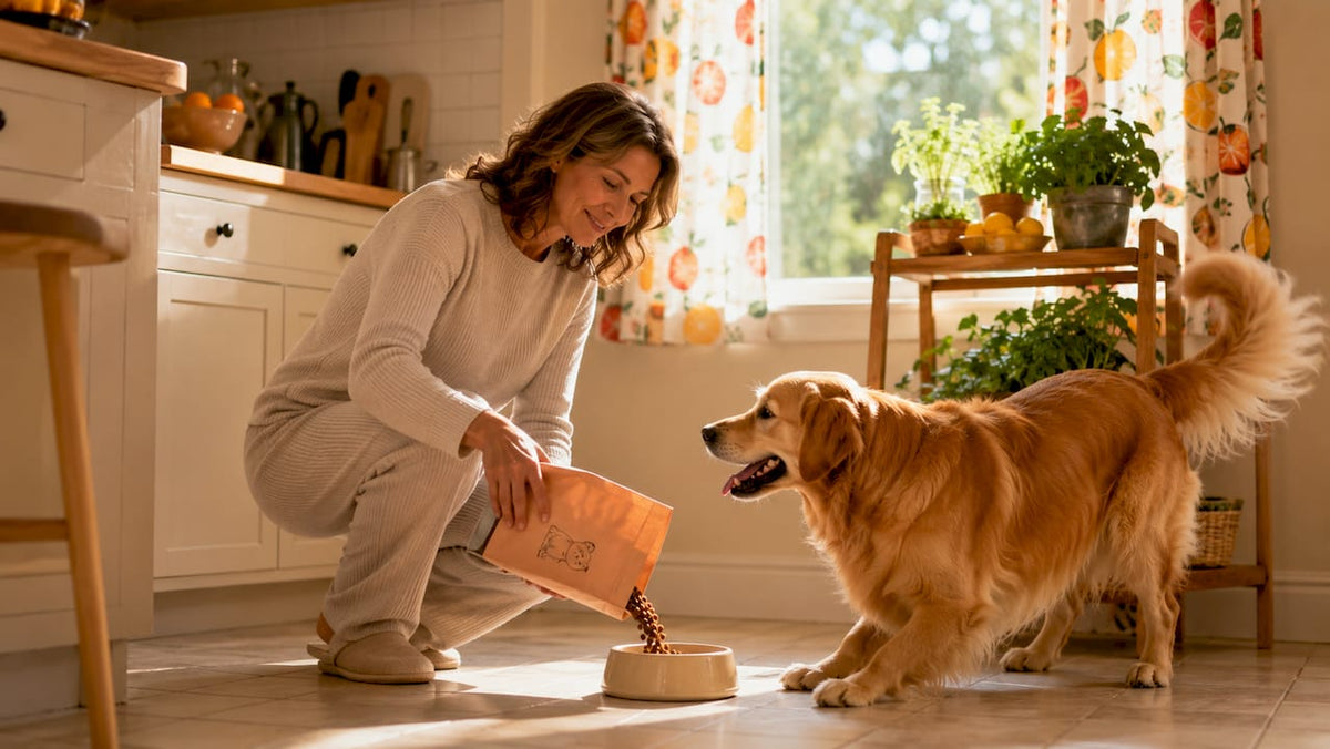 Owner pouring premium dog food to golden retriever