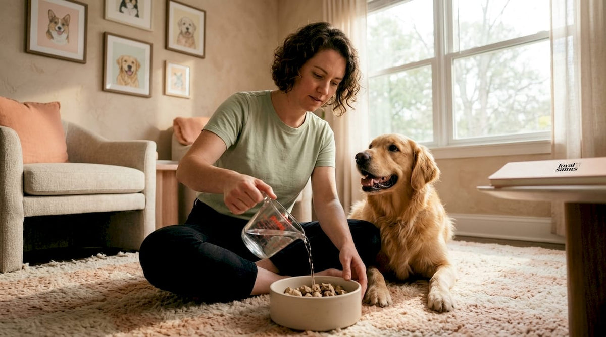 Owner preparing freeze dried food for dog