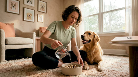 Owner preparing freeze dried food for dog