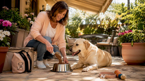 Owner measuring dog food in kitchen