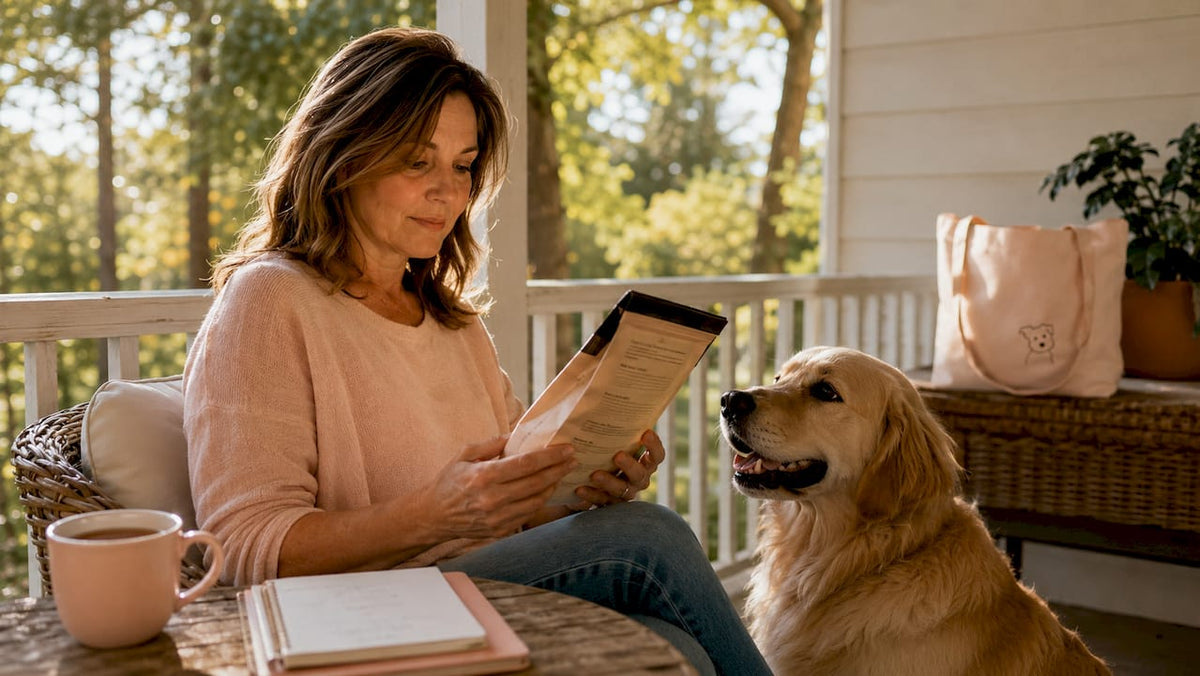 Woman reading dog food label at kitchen table