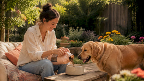 Woman unboxing freeze-dried dog food with dog