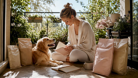Woman researching premium dog food at home