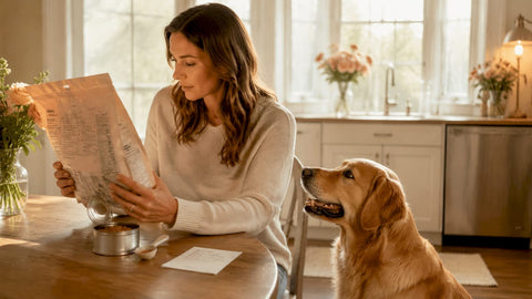 Woman examines allergy-friendly dog food bag