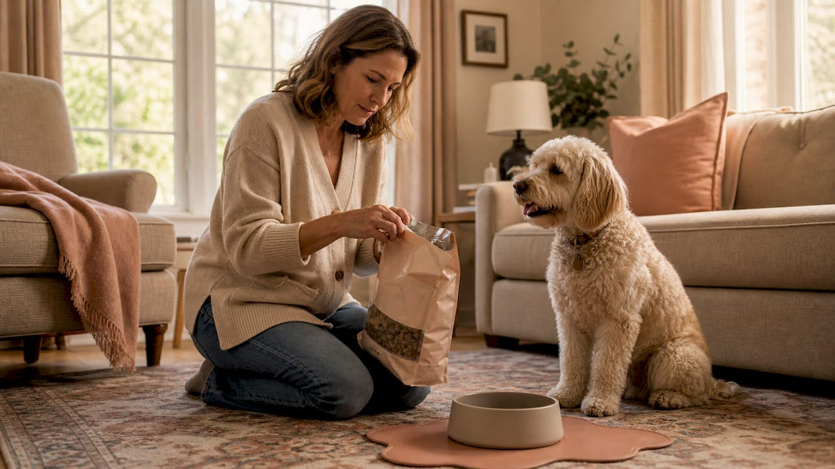 Woman unpacking freeze-dried dog food in kitchen