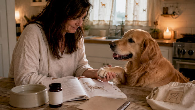 Woman assessing dog's digestion health at kitchen table