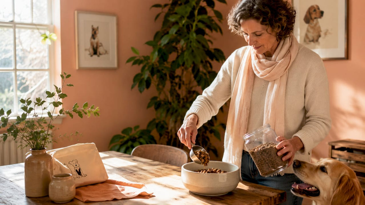 Woman preparing freeze-dried raw dog food
