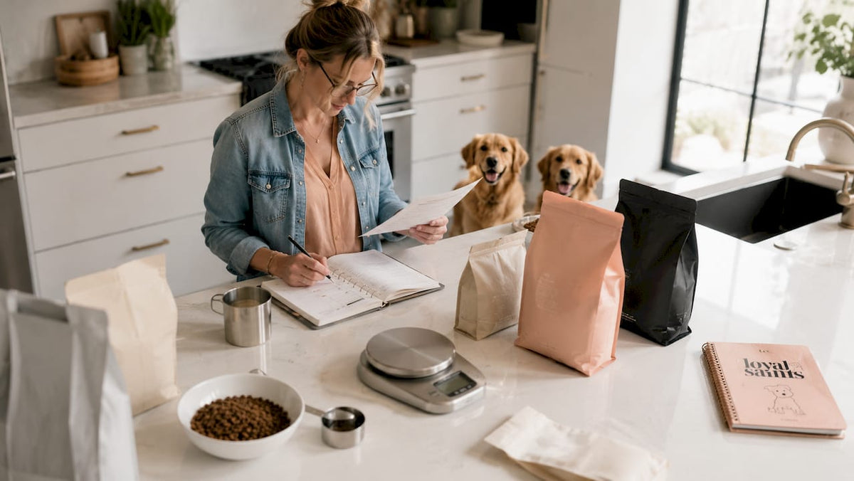 Dog breeder planning nutrition at kitchen table