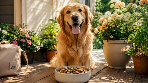 Happy golden retriever with natural dog food bowl