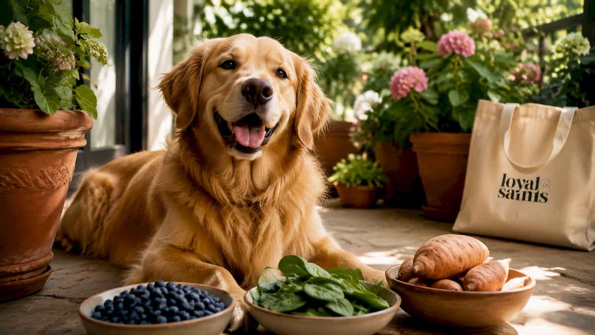 Happy golden retriever with antioxidant dog foods