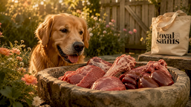 Happy golden retriever with bowl of raw diet