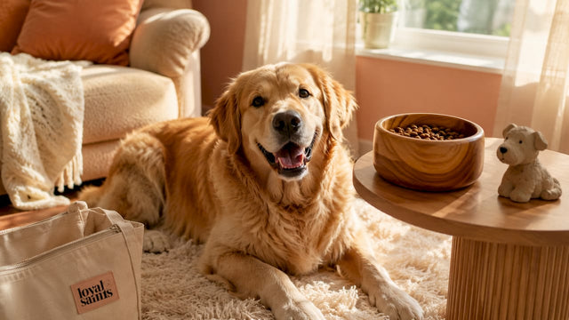 Happy golden retriever in cozy living room