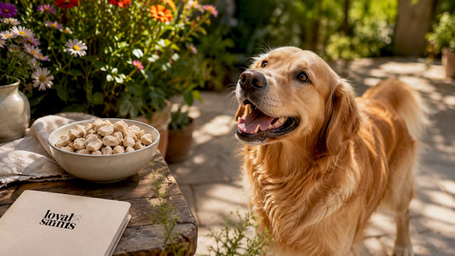 Happy golden retriever near freeze dried pet food bowl
